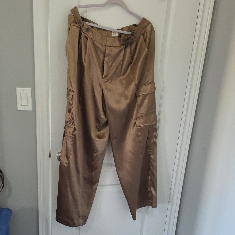A New Day Women's Tan Wide Leg Satin Cargo Pants